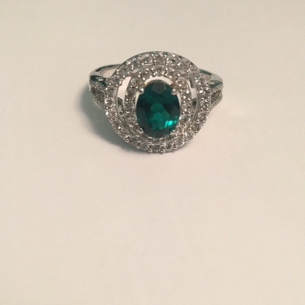 Sterling Silver, Emerald, Diamond Fashion Ring💚
